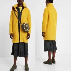 Desigual Yellow Wool Blend Land Abrig Coat Mustard Metallic Zip NWOT 44